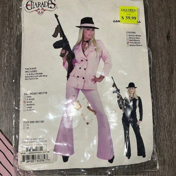 Charades Gangster Moll Suit Costume Pink Double Breasted Pin Striped Suit Small - Picture 3 of 8